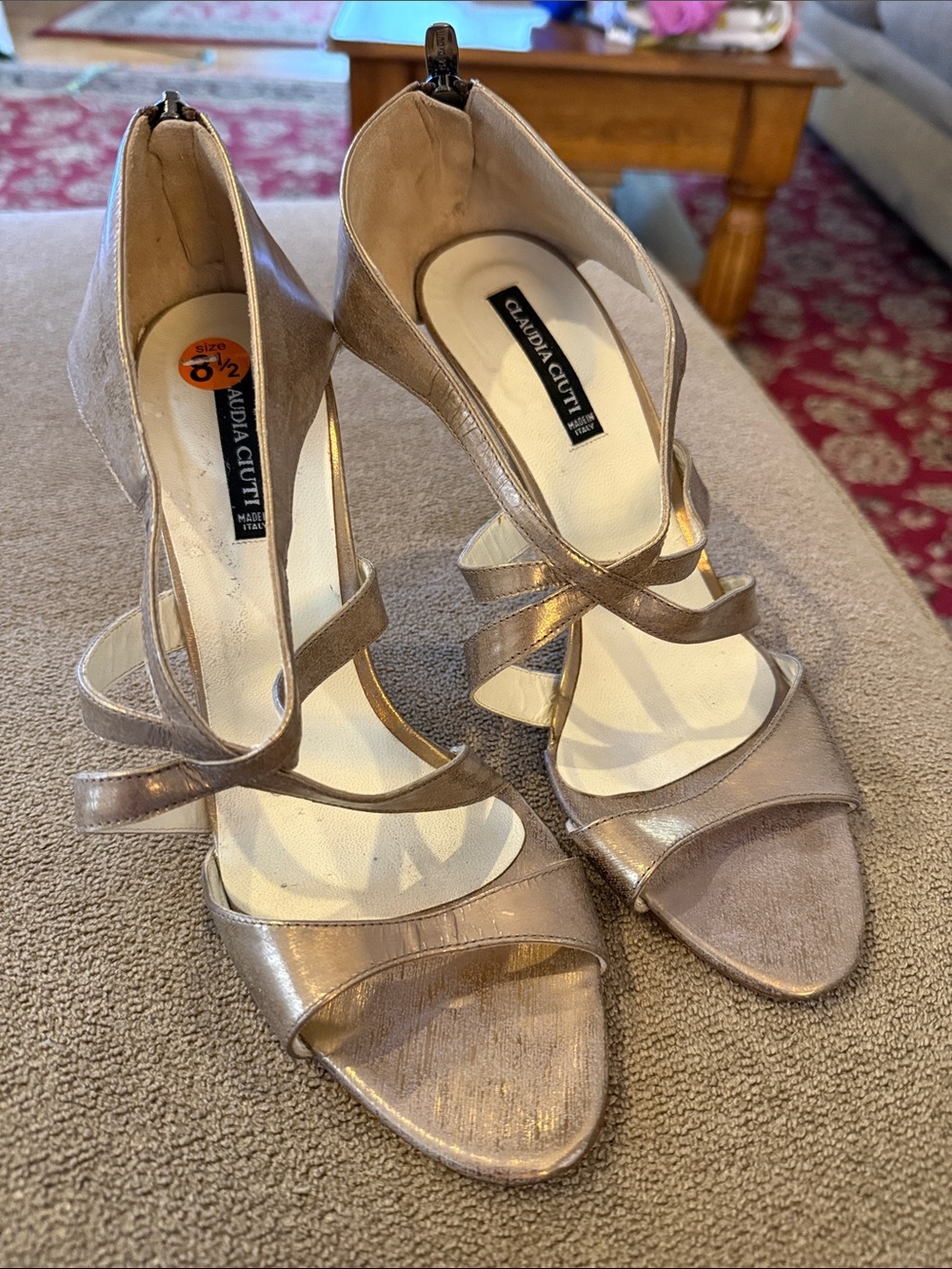 Claudia Ciuti Gold Italian Leather Peep Toe Heels Pumps Size 8.5 (TD)